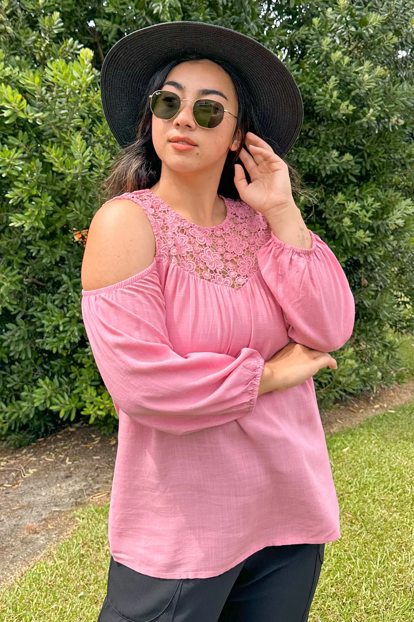 Gloss by Shine On Tayla Lace Cold Shoulder Top Pink sold by Shine On