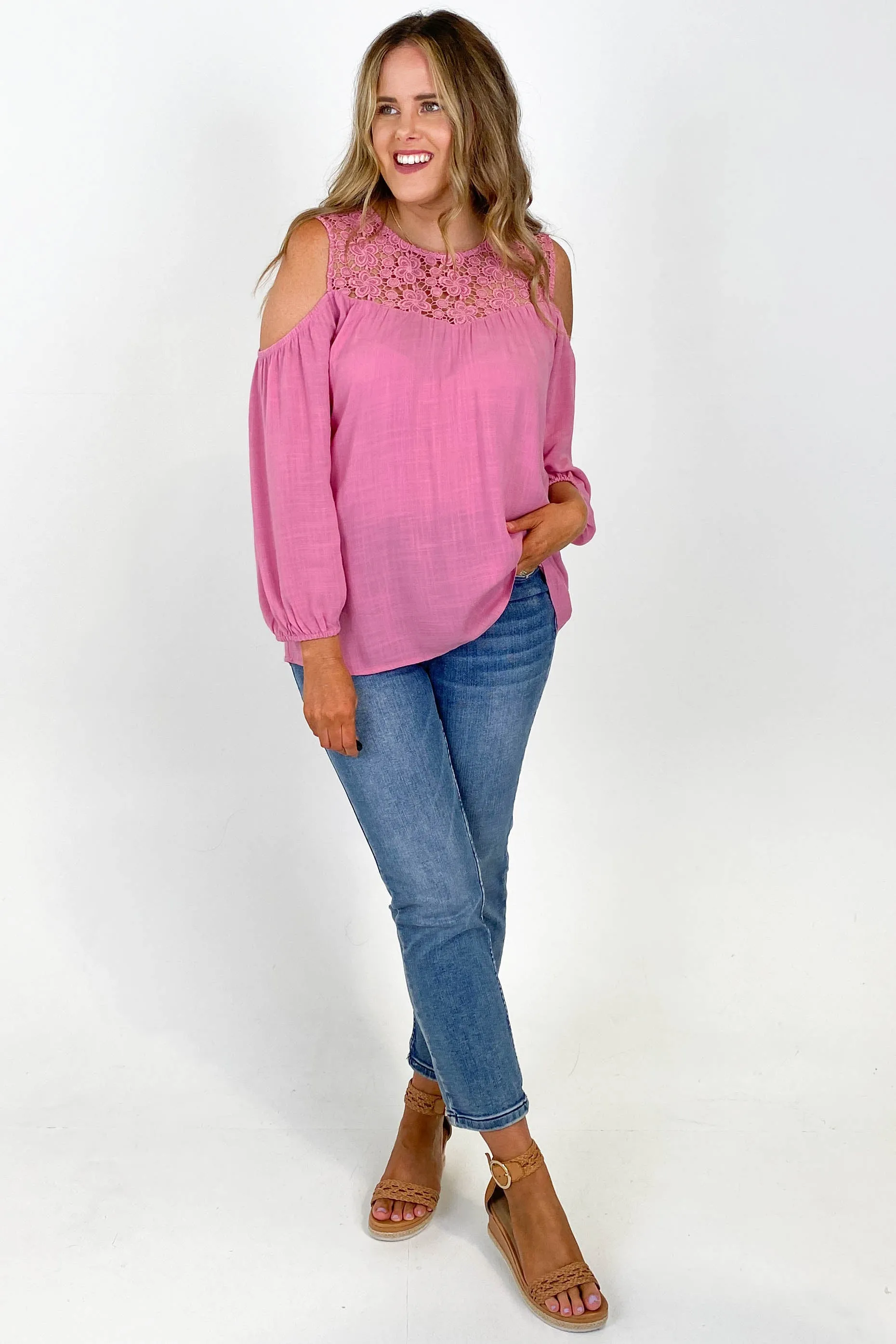 Gloss by Shine On Tayla Lace Cold Shoulder Top Pink sold by Shine On product image thumbnail 2