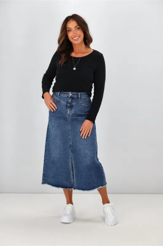 Shine On Label Lawson Angle Yoke Long Denim Skirt Indigo sold by Shine On