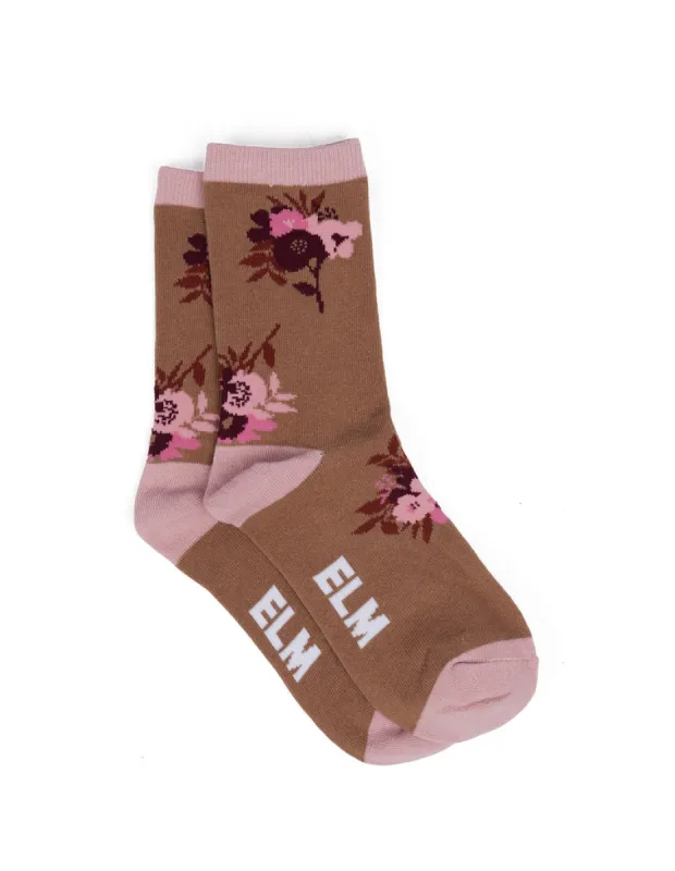 Elm Posy Floral Ankle Sock 2 Pack Tan & Floral White sold by Shine On