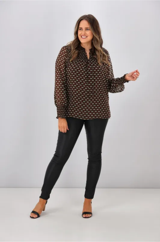 Gloss by Shine On Amelia Shirred Panel Top Chocolate Green Geo Print sold by Shine On