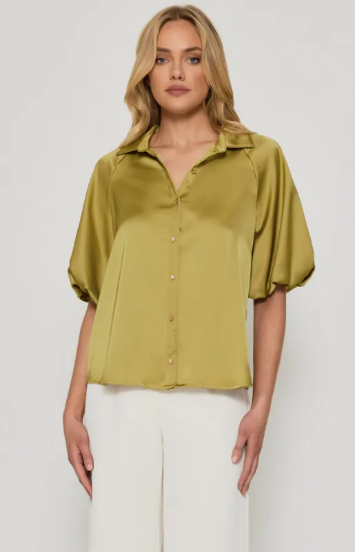 Winnie & Co. Gold Button Detail Satin Shirt Olive sold by Shine On