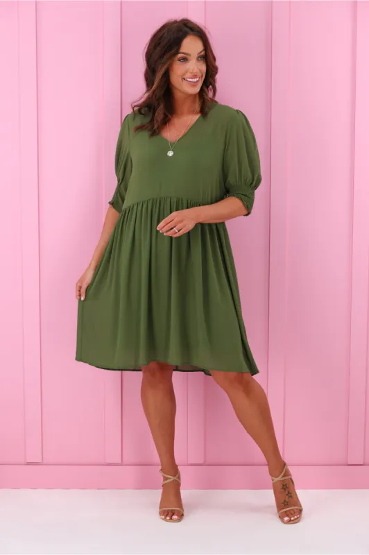 Jane James Juniper Balloon Sleeve Dress Olive sold by Shine On