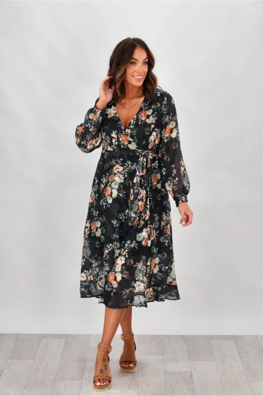 Fria Mable Long Sleeve Wrap Dress Black Floral made by Shine On