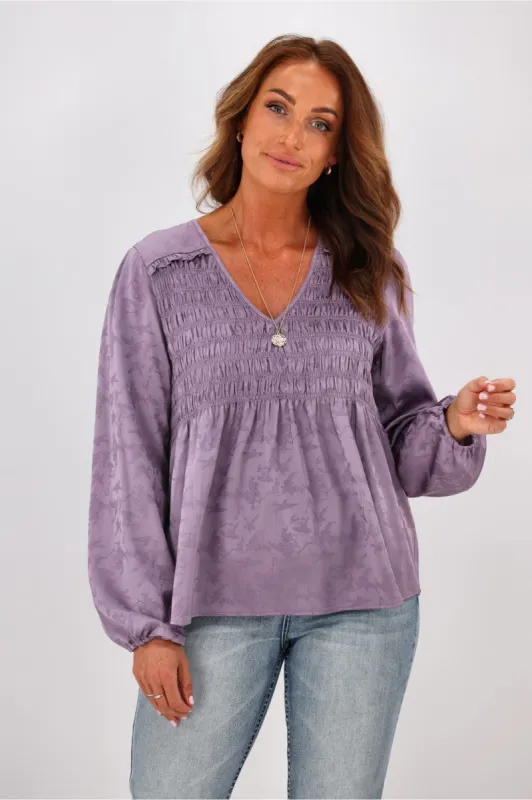 Gloss By Shine On Arabella Shirred Ruffle Blouse Mauve sold by Shine On