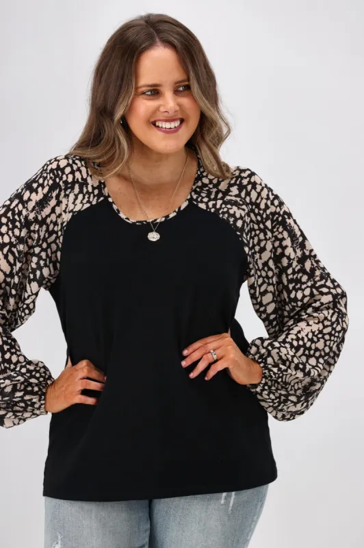 Shine On Label Odelia Balloon Sleeve Top Abstract Animal Black Beige sold by Shine On