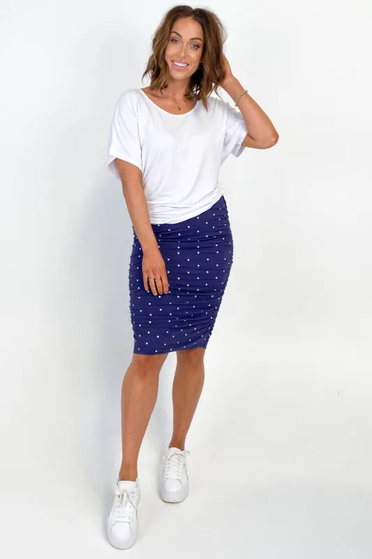 Betty Basics Nadia Skirt Navy Polka Dot sold by Shine On