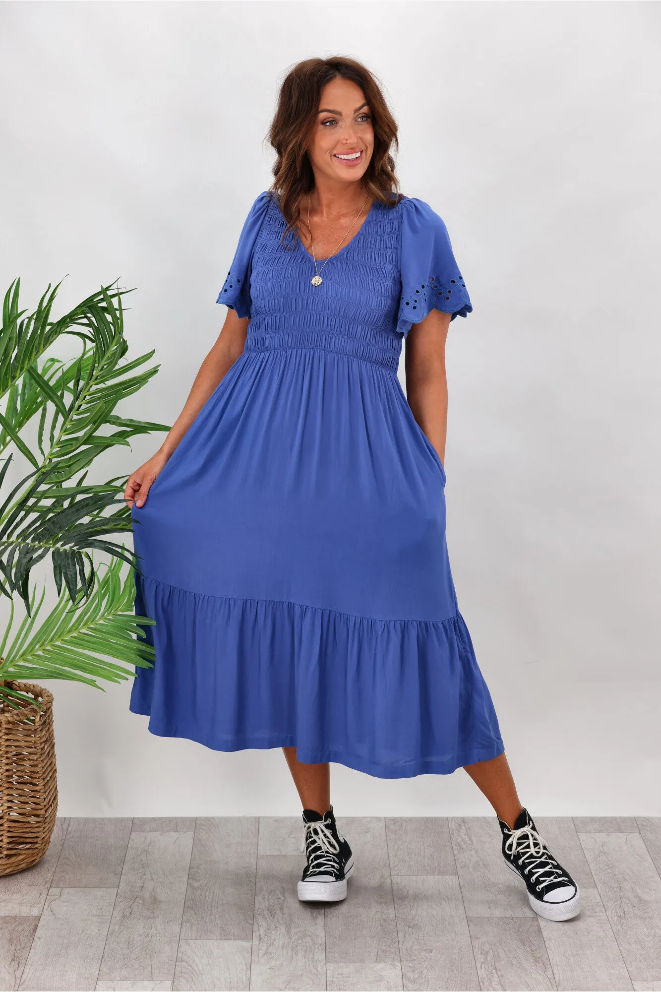 Gloss By Shine On Heather Broderie Sleeve Dress Blue sold by Shine On