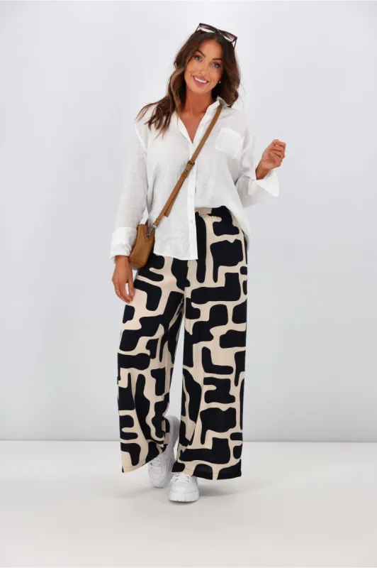 New U Collection Hannah Geo Print Wide Leg Pant Navy Beige sold by Shine On