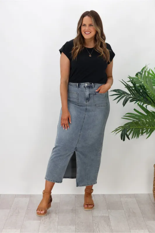 Pink Diamond Denim Maxi Skirt Denim sold by Shine On