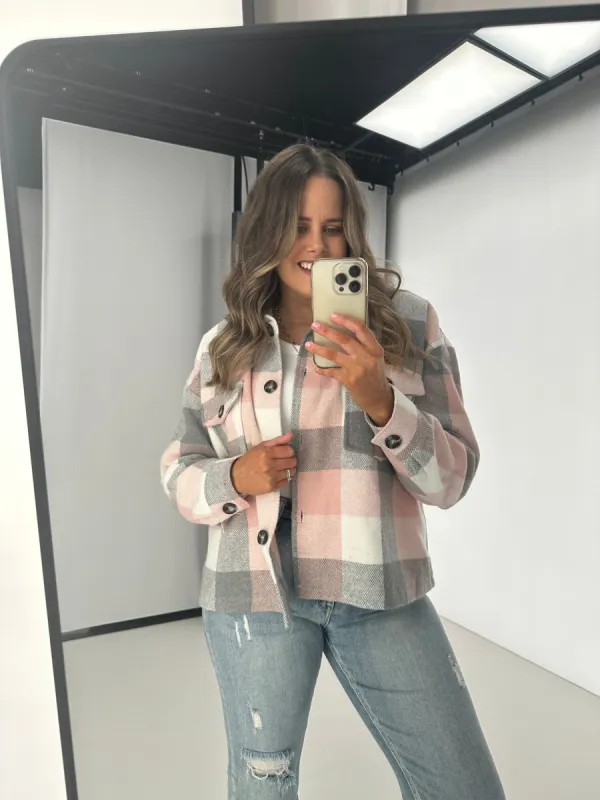 Shine On Label Lucas Cropped Checked Shacket Pink Grey sold by Shine On
