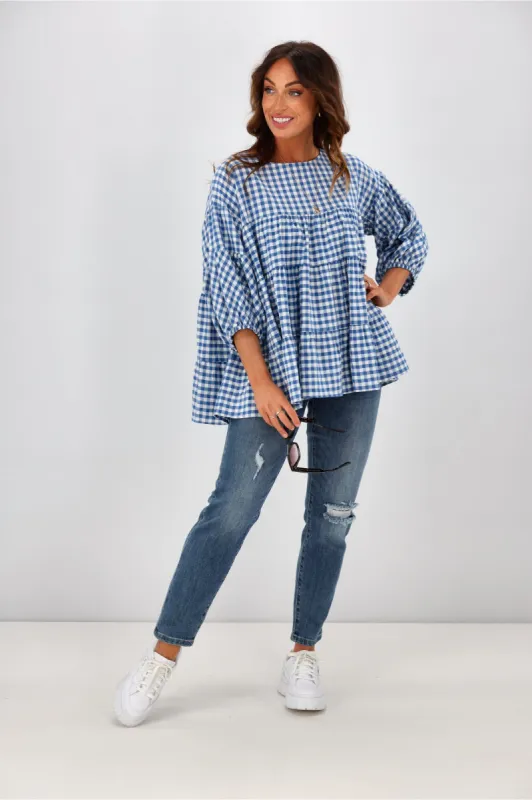 Natural Bay Maya Gingham Round Neck Top Blue sold by Shine On
