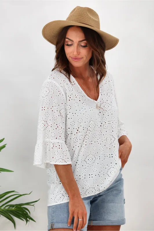 Shine On Label Tiffany Broderie V Neck Top White sold by Shine On