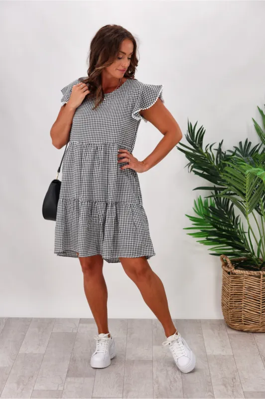 Miracle Lace Trim Gingham Ruffle Dress Black sold by Shine On