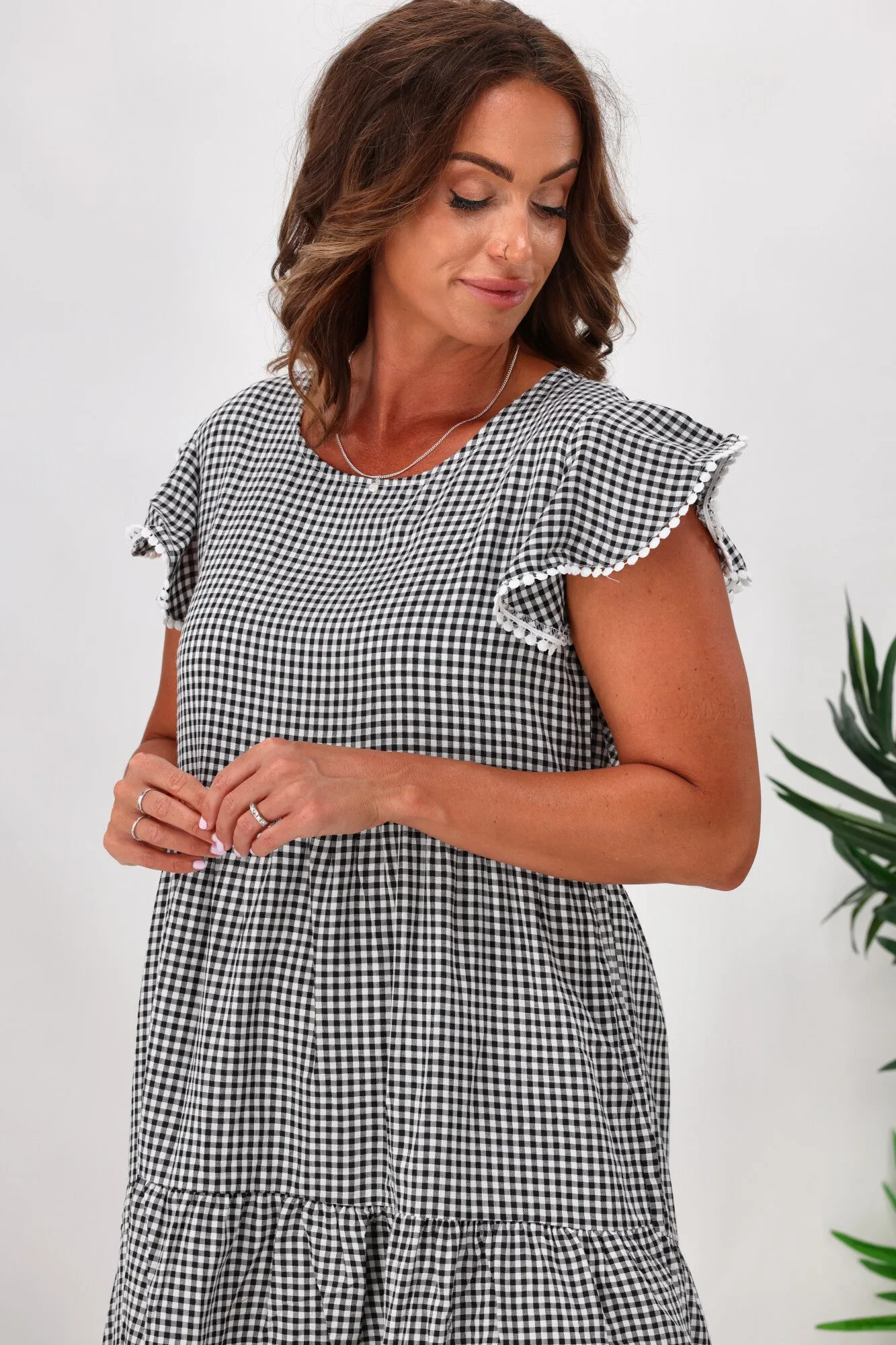Miracle Lace Trim Gingham Ruffle Dress Black sold by Shine On product image thumbnail 4