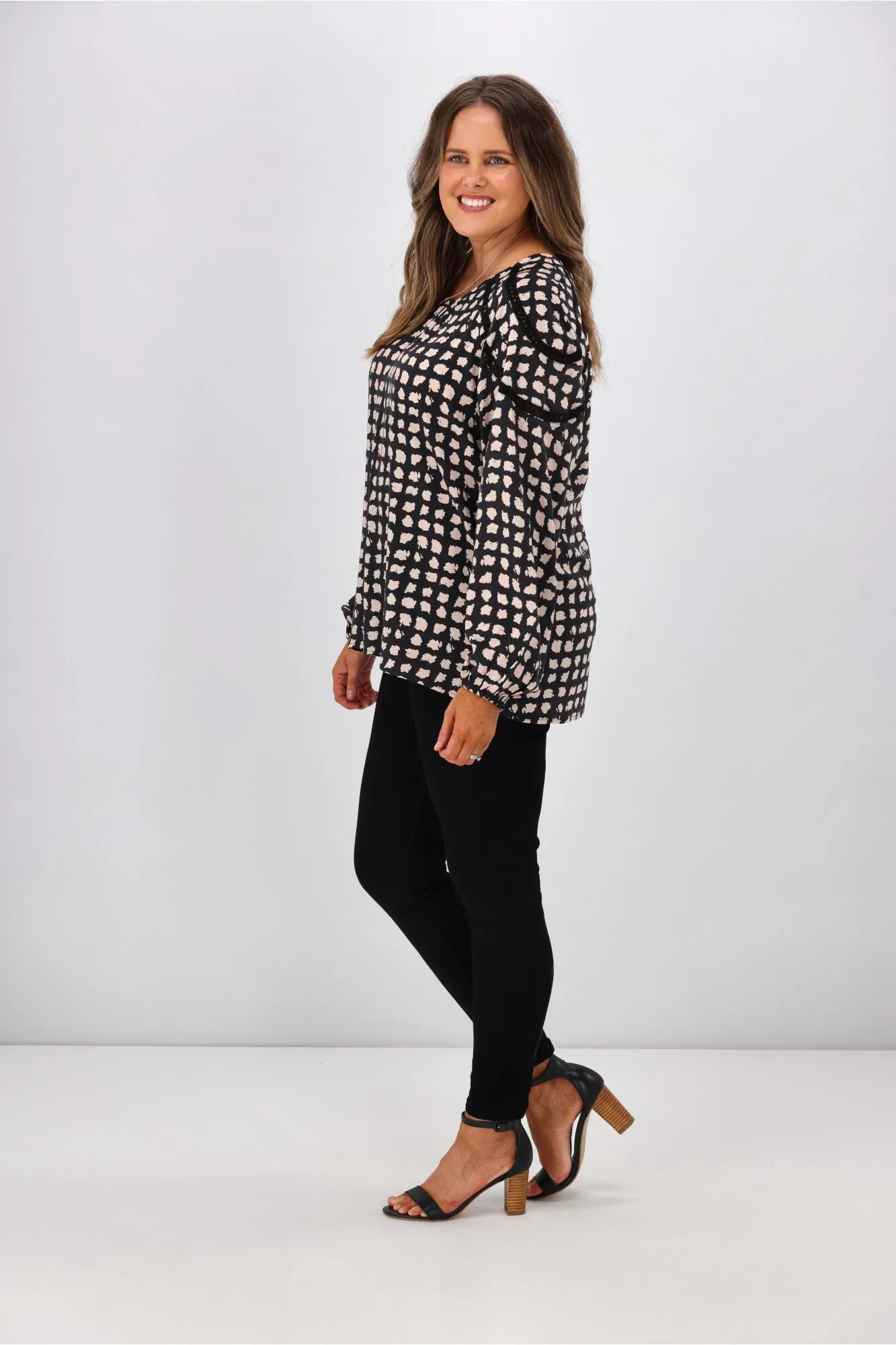 Gloss by Shine On Nello Ladder Lace Puff Sleeve Blouse Geo Print sold by Shine On product image thumbnail 3