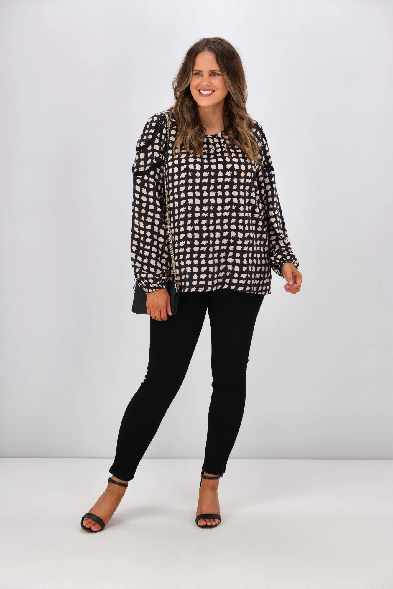 Gloss by Shine On Nello Ladder Lace Puff Sleeve Blouse Geo Print sold by Shine On