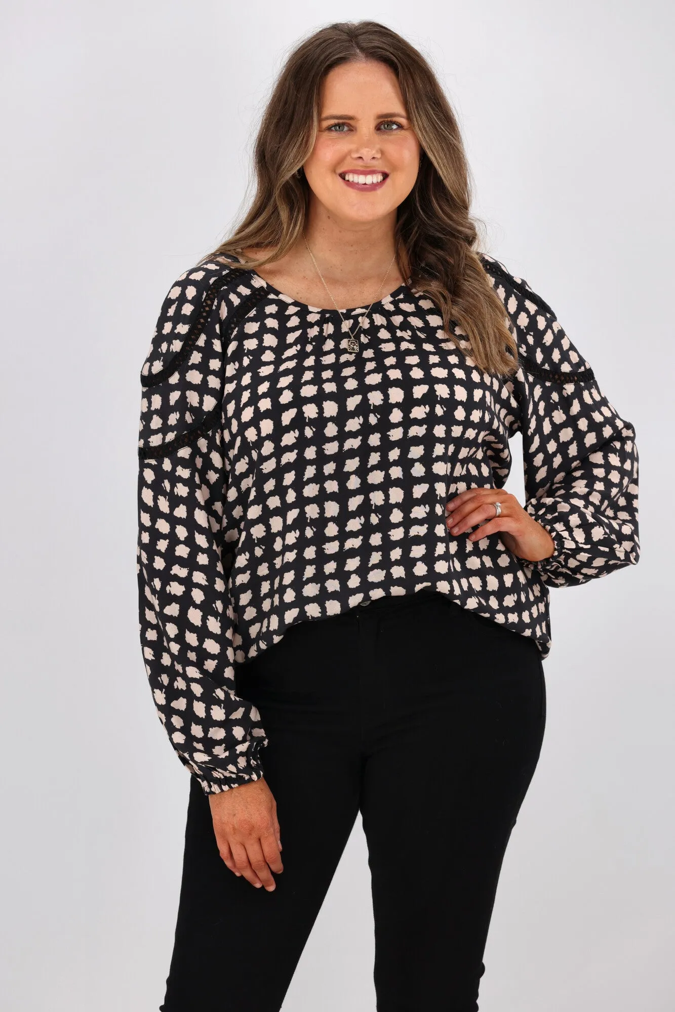 Gloss by Shine On Nello Ladder Lace Puff Sleeve Blouse Geo Print sold by Shine On product image thumbnail 2