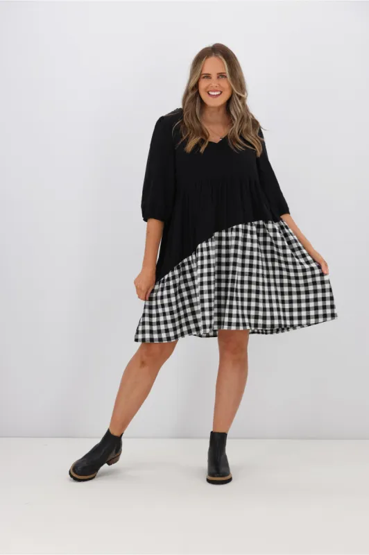 Silver Wishes Gingham Contrast Angle Tiered Dress Black sold by Shine On