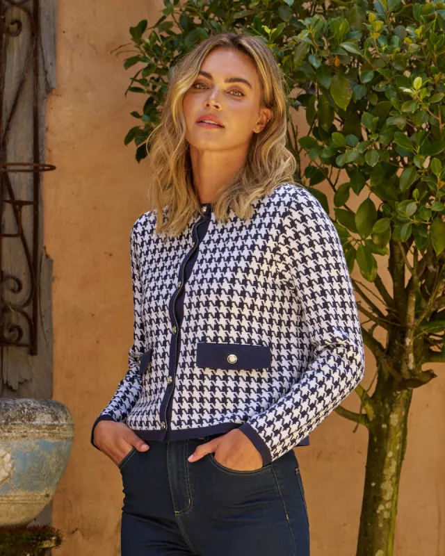 Betty Basics Lady Cardigan Navy Houndstooth sold by Shine On