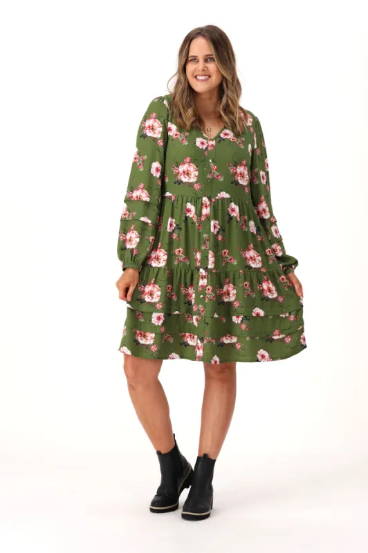 Gloss By Shine On Lizzie Tiered Dress Olive Floral sold by Shine On