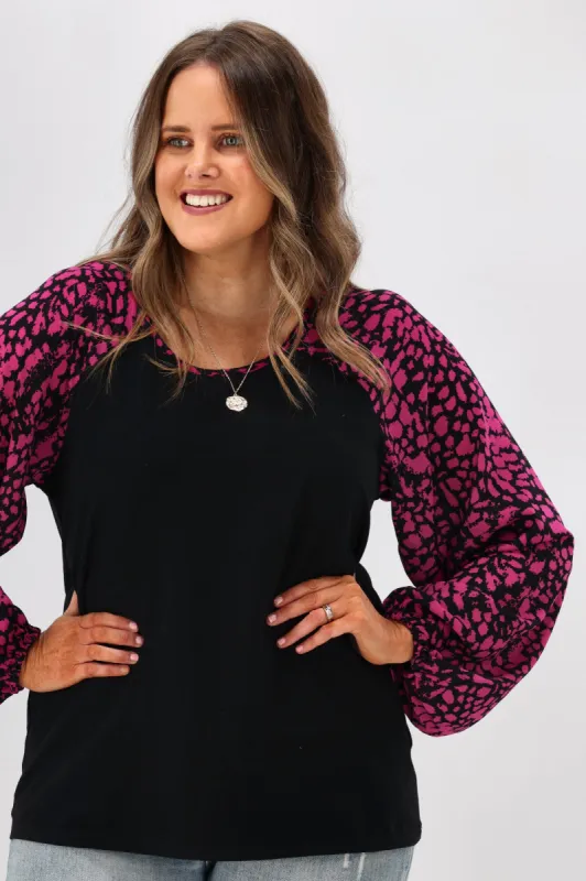 Shine On Label Odelia Balloon Sleeve Top Abstract Animal Black Pink sold by Shine On