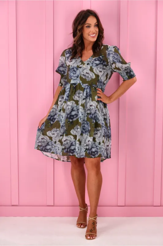 Jane James Juniper Balloon Sleeve Dress Olive Magnolia Floral sold by Shine On