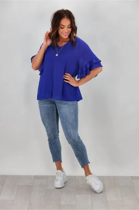 Gloss by Shine On Harper Frill Sleeve Top Cobalt sold by Shine On