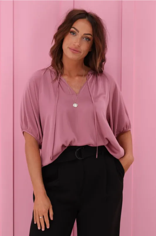 Jane James Ainsley V Neck Blouse Rose Satin sold by Shine On