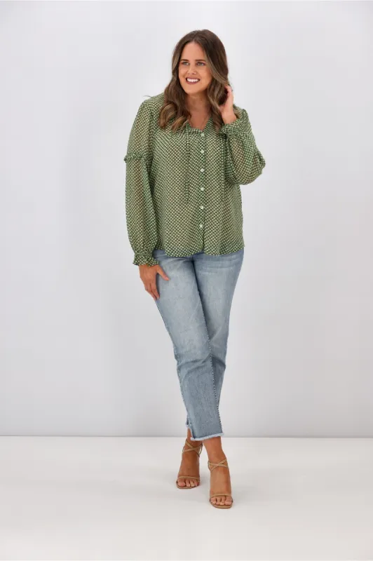 Gloss By Shine On Mia Pintuck Blouse Green Grid Print sold by Shine On