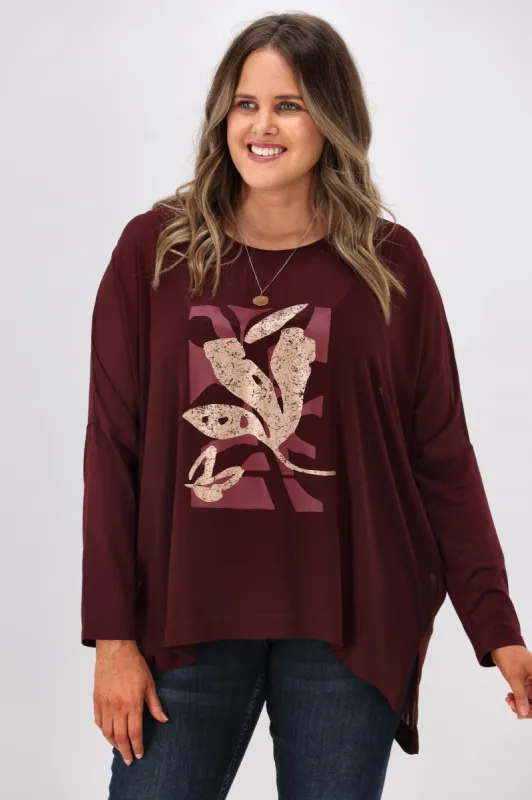 Shine On Label Kateri Foil Print Top Deep Wine sold by Shine On