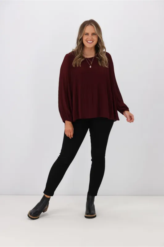 Gloss by Shine On Nigella Long Sleeve Micro Pleat Top Raisin sold by Shine On