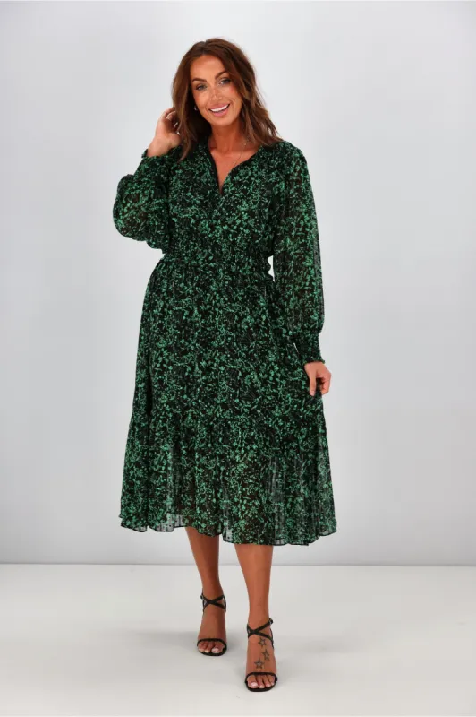 Gloss by Shine On Callie Shirred Ruffle Dress Black Green Floral sold by Shine On