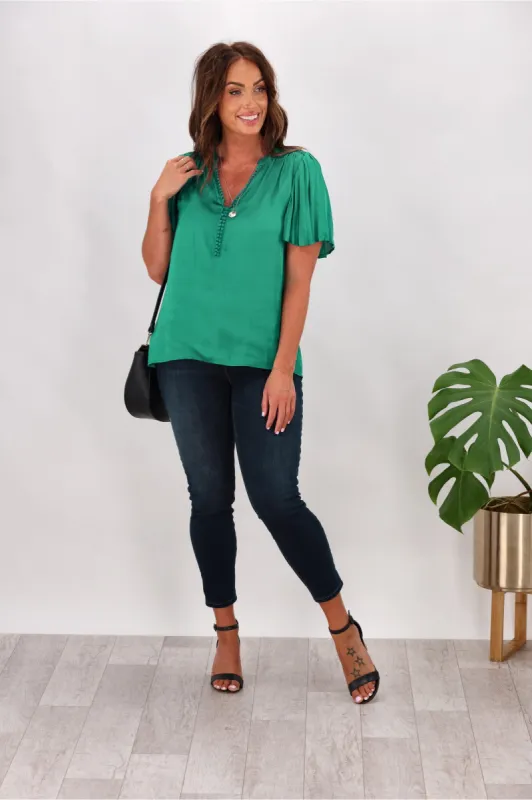 Gloss by Shine On Calla Pleat Sleeve Top Teal Green sold by Shine On