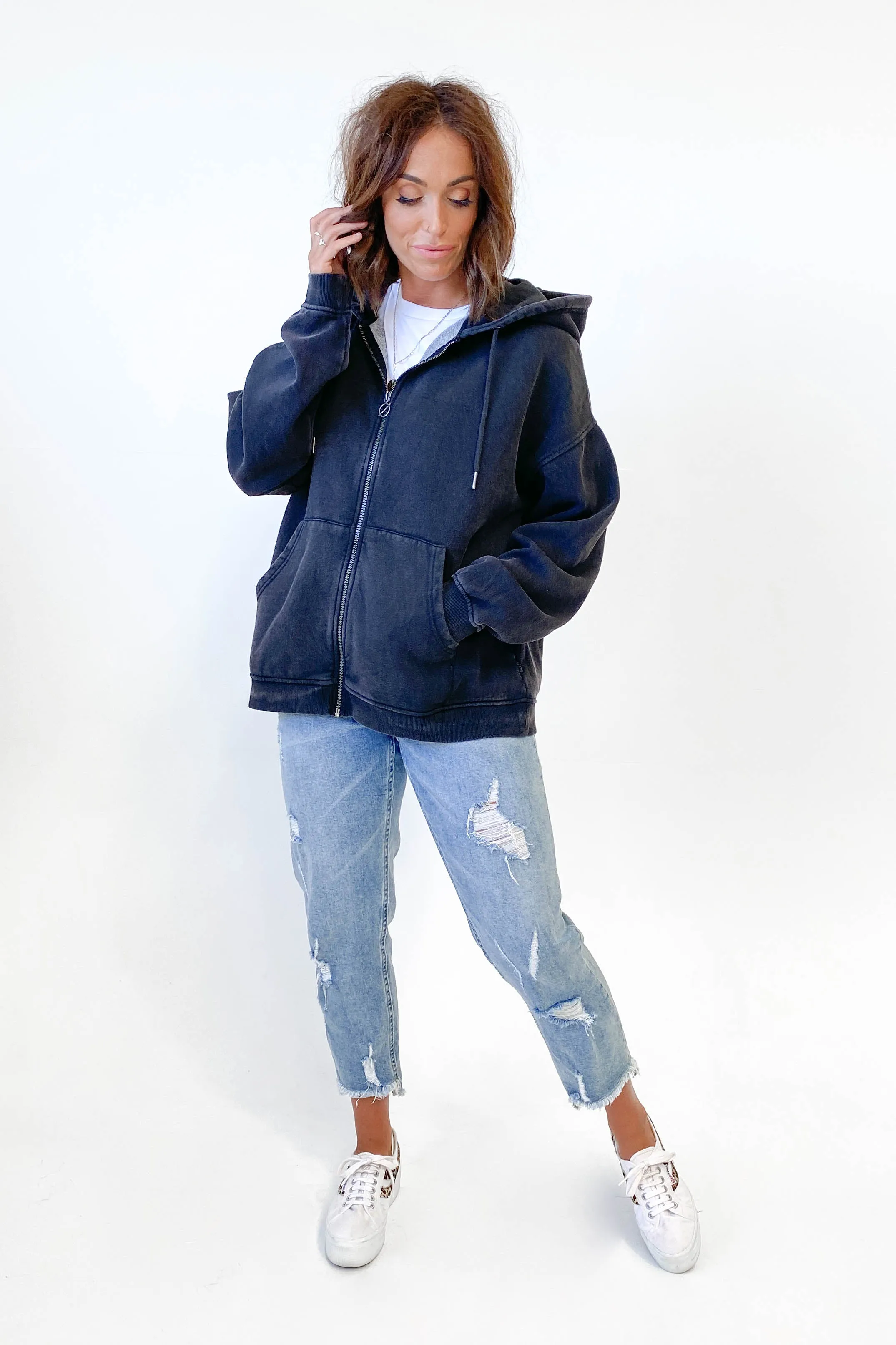 Silent Theory Oversized Zip Thru Hoody Washed Black sold by Shine On