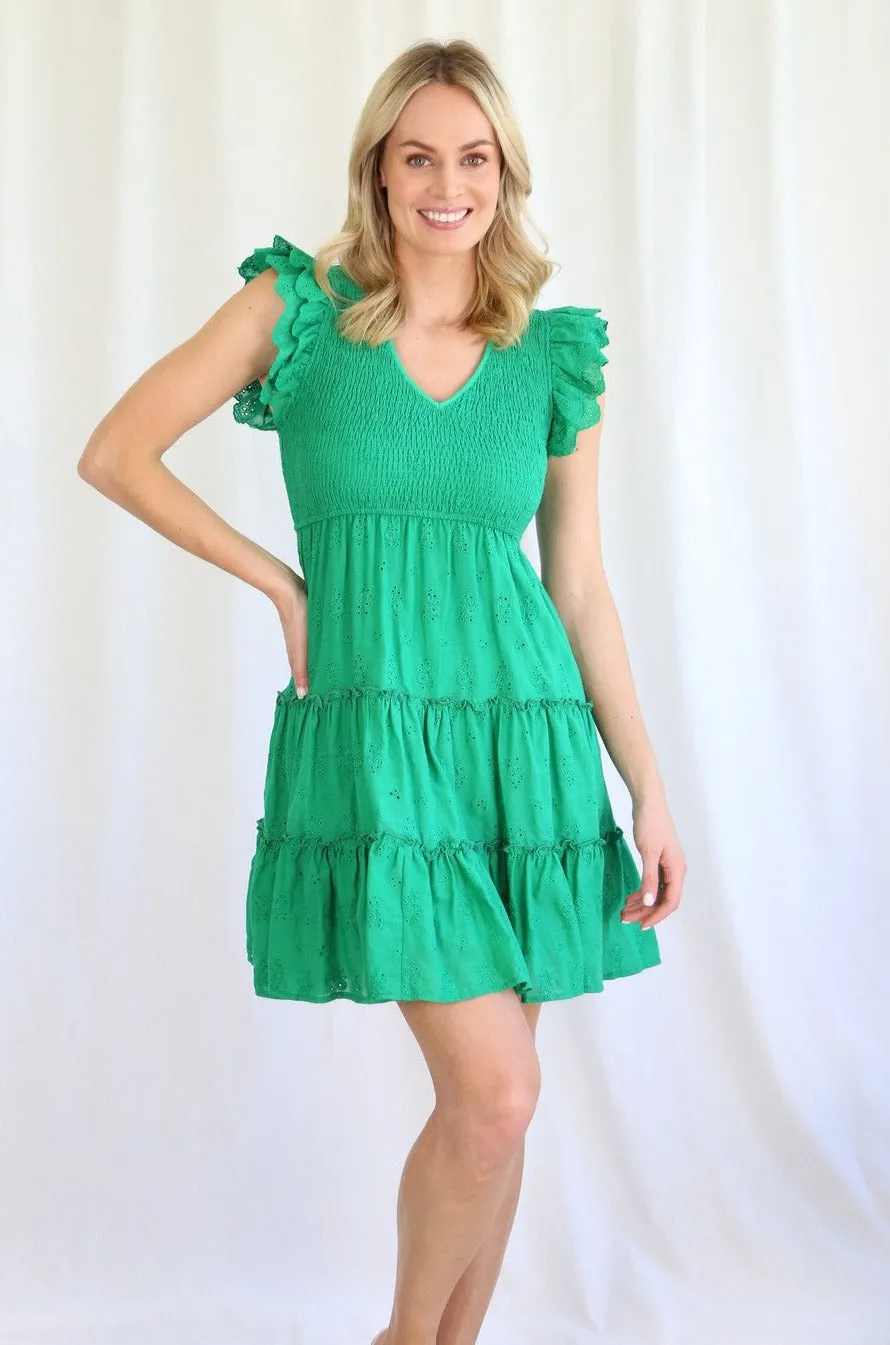 Lillie & Mia Maddie Mini Shirred Dress Green sold by Shine On