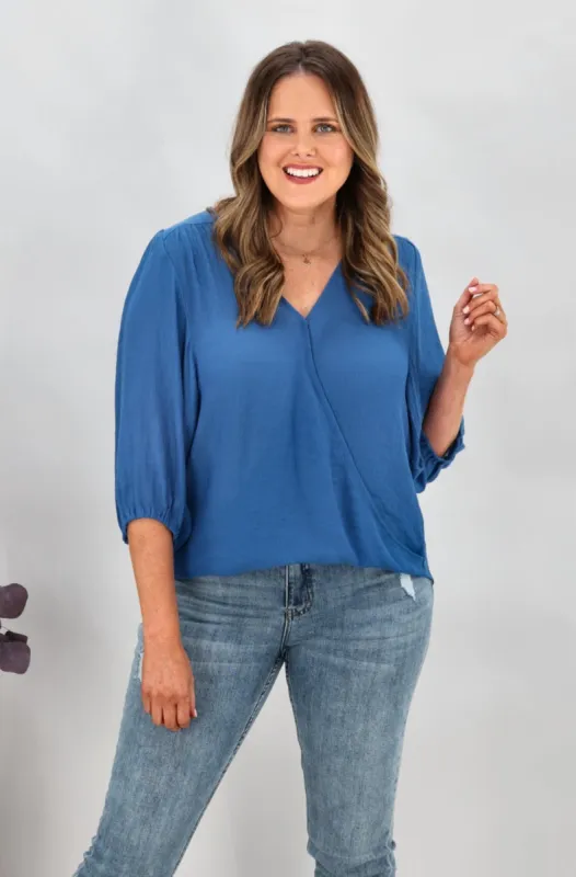 Gloss by Shine On Laina Wrap Front Blouse Blue sold by Shine On