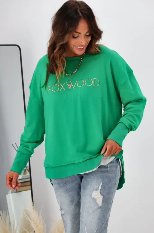 Foxwood Simplified Metallic Gold Crew Bright Green sold by Shine On