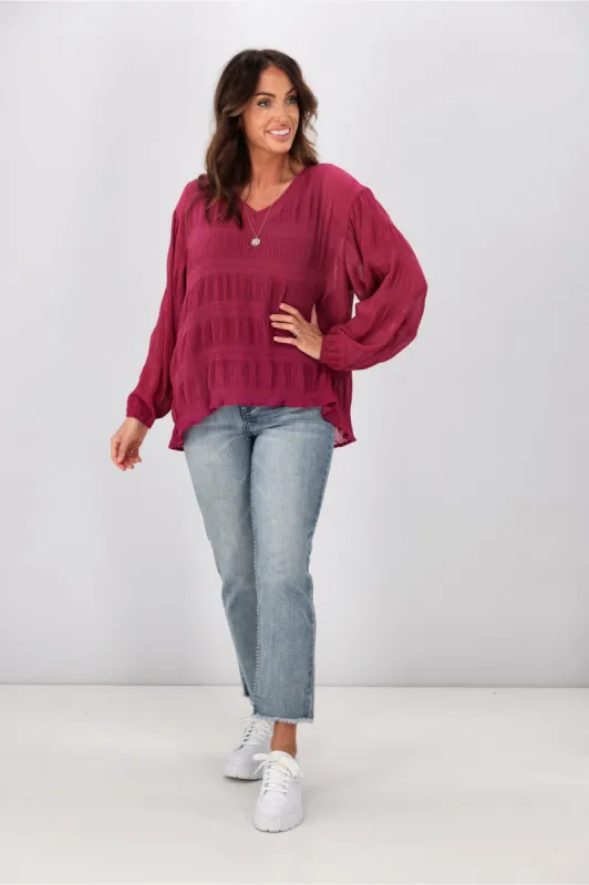 Gloss by Shine On Gemma V Neck Textured Top Cerise Pink sold by Shine On
