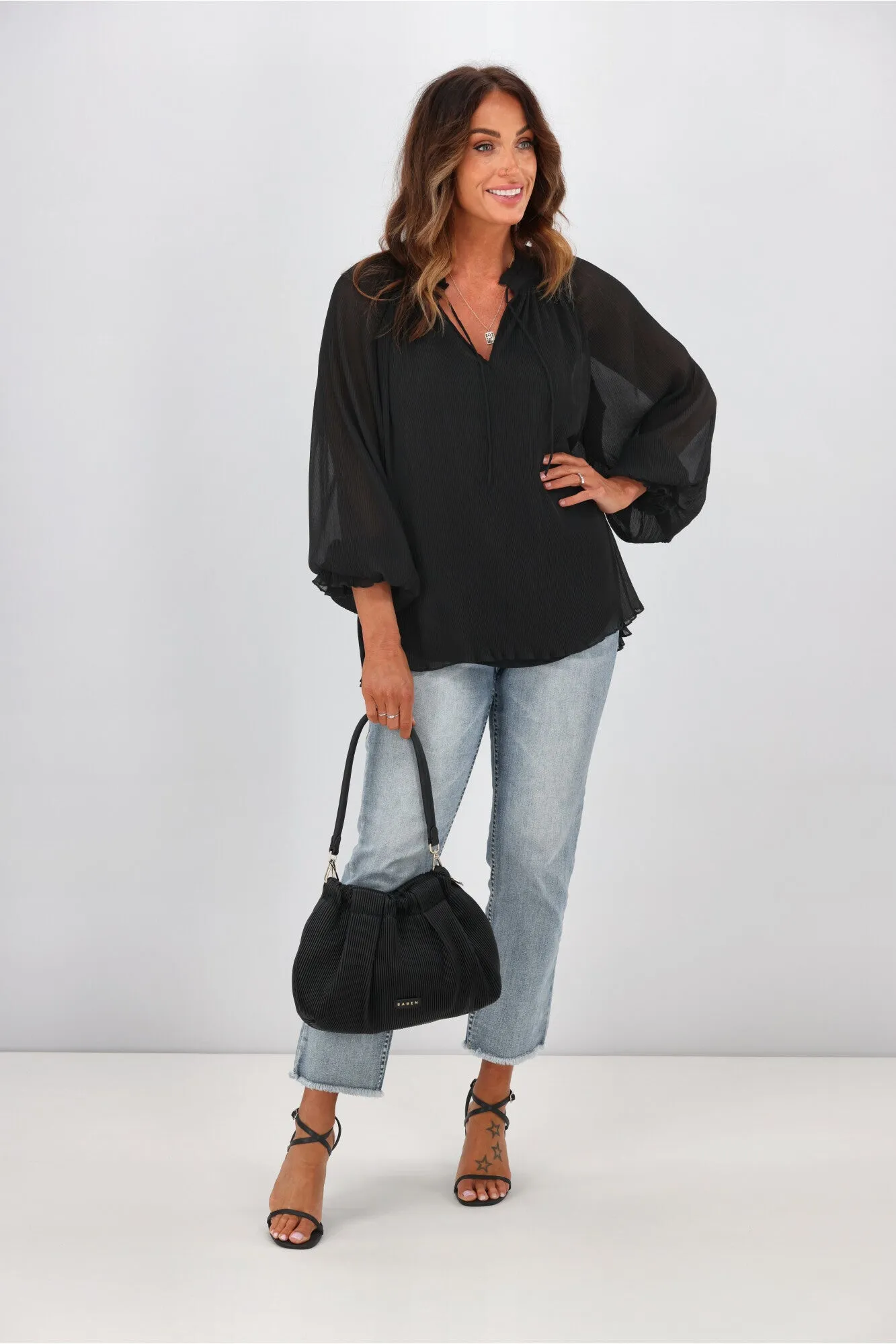 Gloss by Shine On Tani Micro Pleated Frill Top Black sold by Shine On