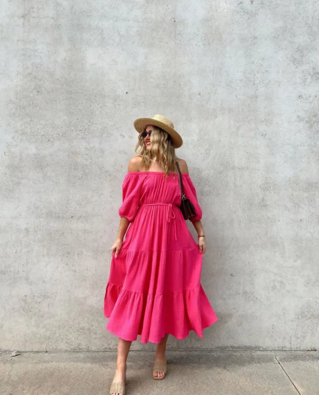 Sass Felix Tiered Midi Dress Pink sold by Shine On