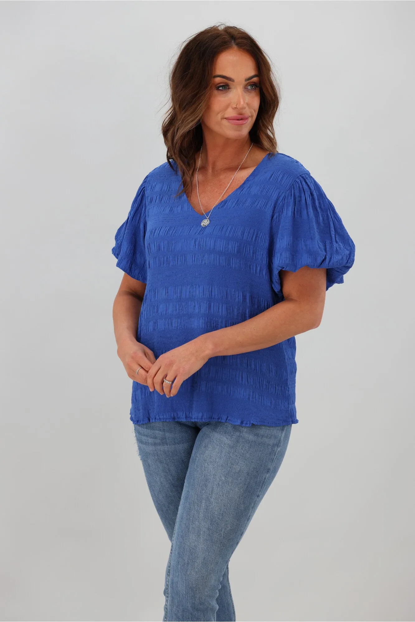 Gloss by Shine On Tina Textured Puffed Sleeve Top Blue sold by Shine On product image thumbnail 5