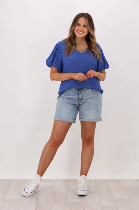 Gloss by Shine On Tina Textured Puffed Sleeve Top Blue sold by Shine On