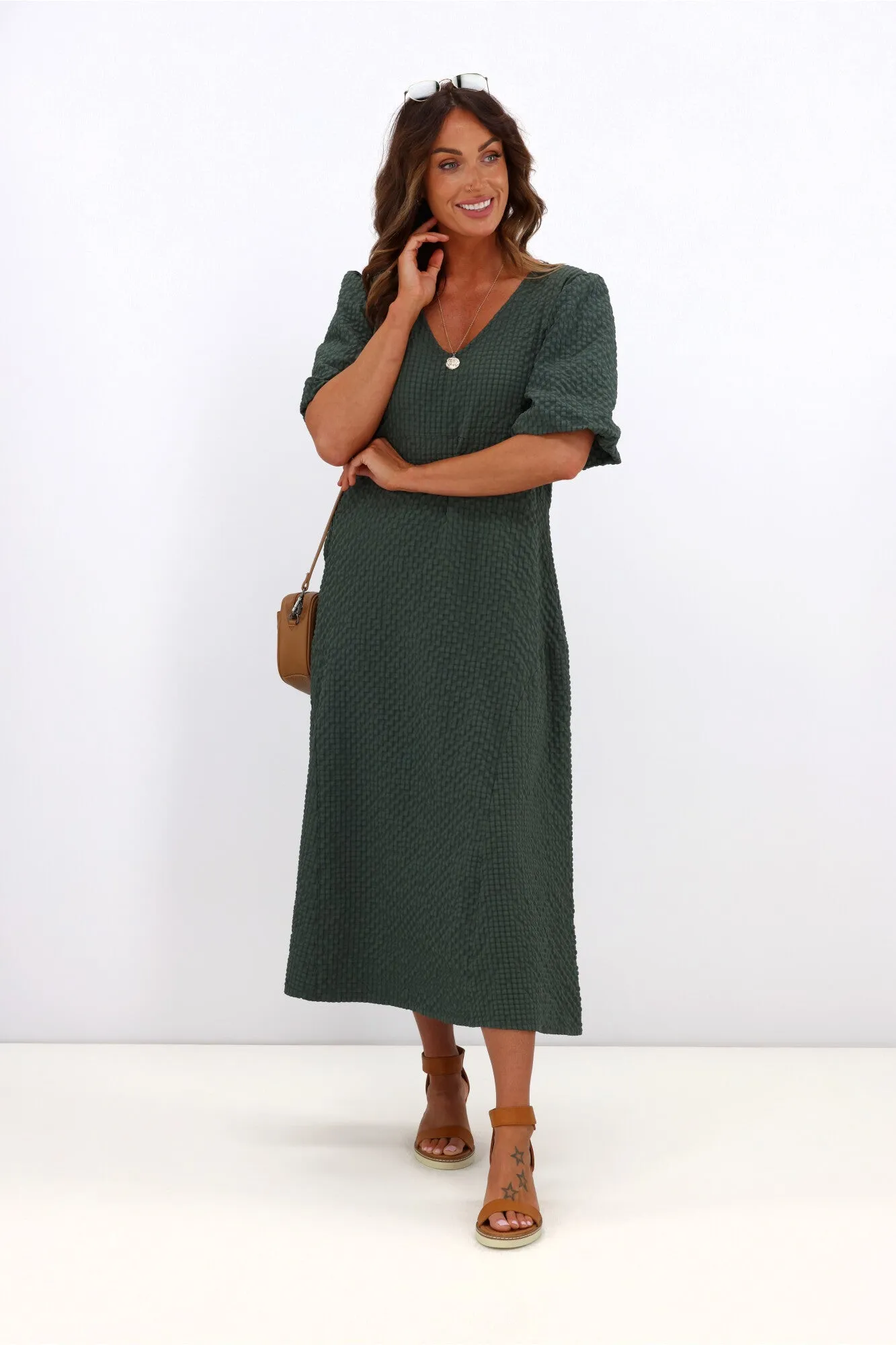 Shine On Label Adelaide Puff Sleeve Textured Midi Dress Olive sold by Shine On product image thumbnail 4