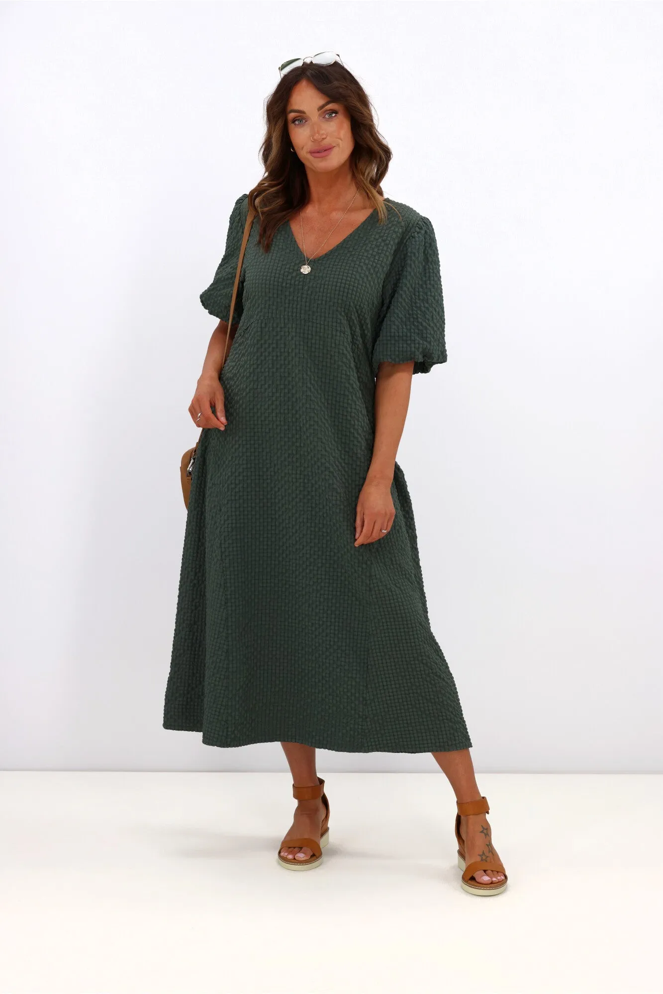 Shine On Label Adelaide Puff Sleeve Textured Midi Dress Olive sold by Shine On product image thumbnail 3
