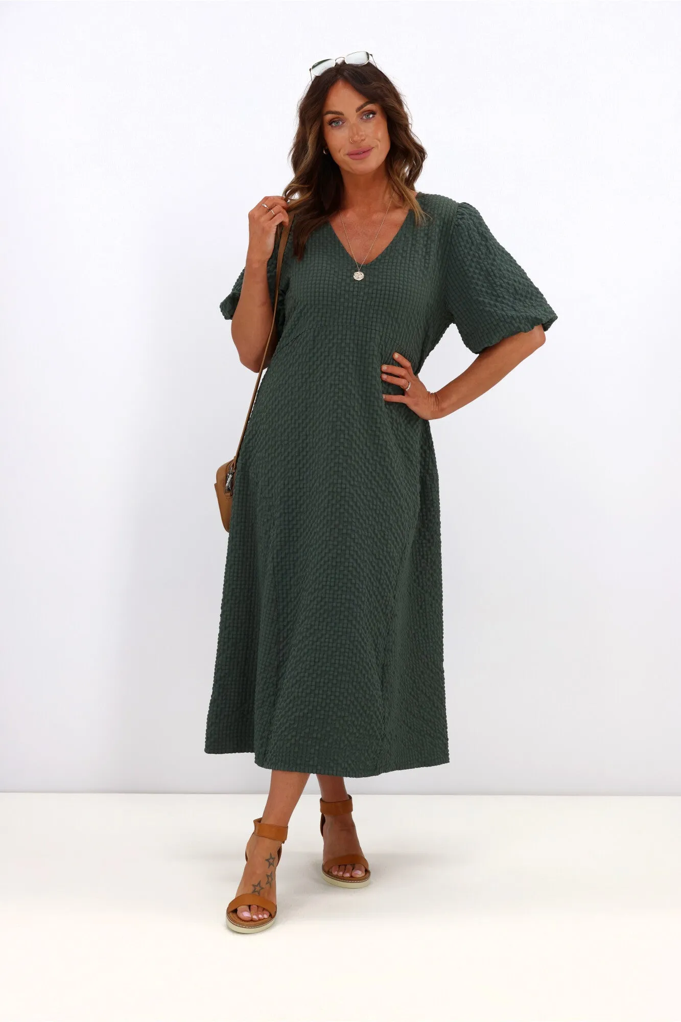 Shine On Label Adelaide Puff Sleeve Textured Midi Dress Olive sold by Shine On