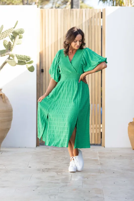 Shine On Label Carrie Shirred Front Dress Green sold by Shine On