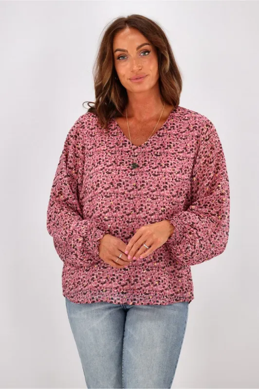 Gloss by Shine Paige Blouse Wild Pink Speckle Print sold by Shine On