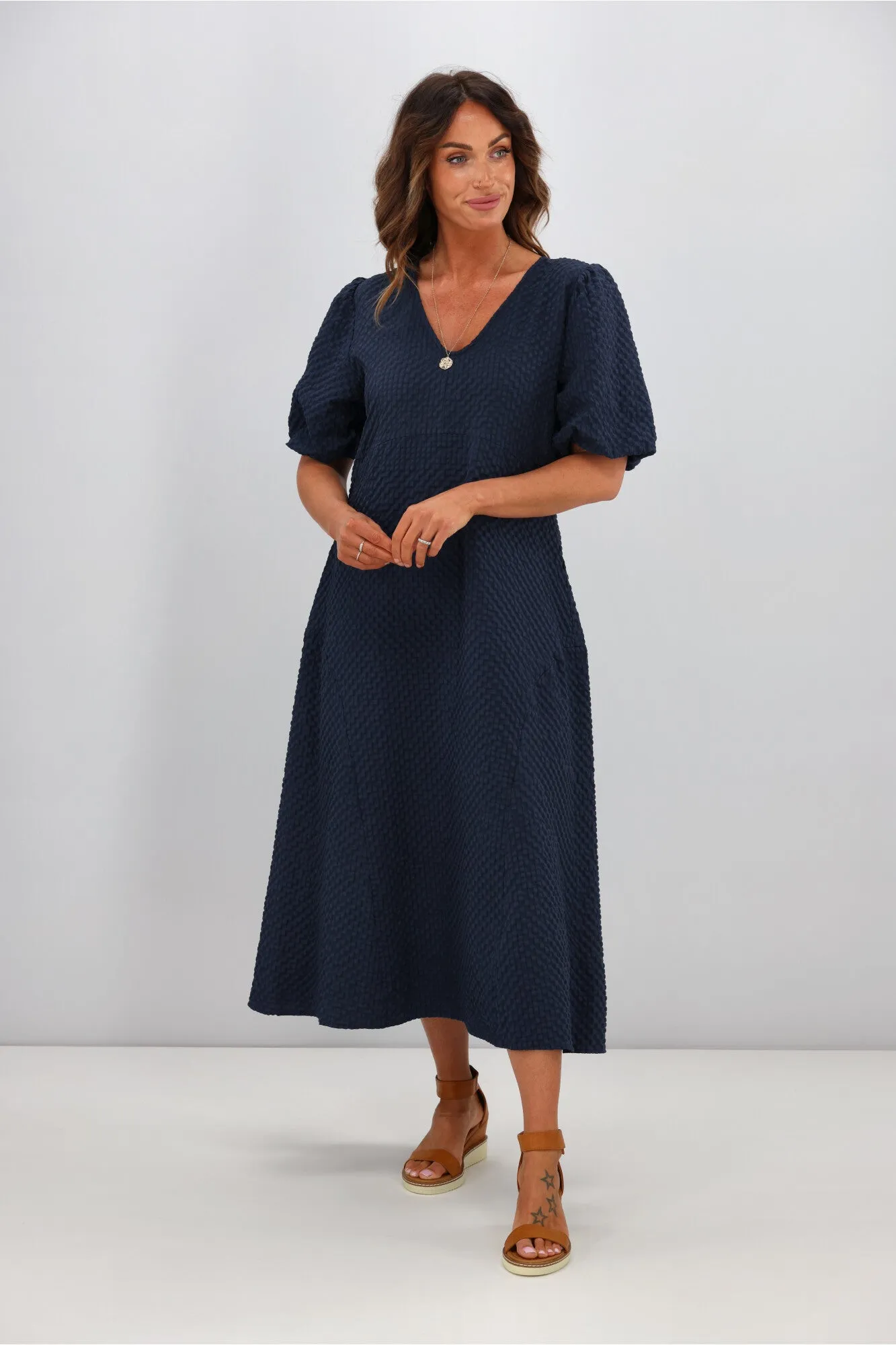 Shine On Label Adelaide Puff Sleeve Textured Midi Dress Ink sold by Shine On product image thumbnail 5