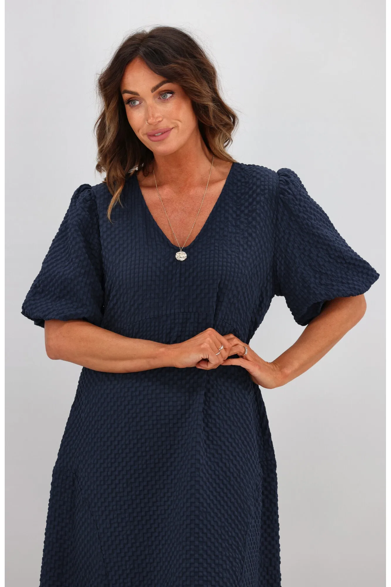Shine On Label Adelaide Puff Sleeve Textured Midi Dress Ink sold by Shine On product image thumbnail 4